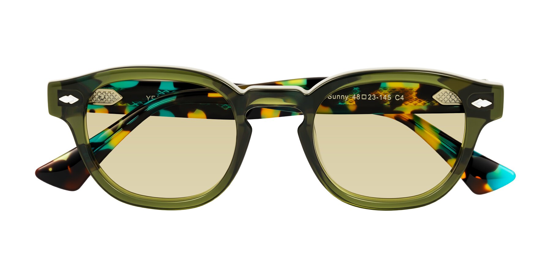 Folded Front of Sunny in Green with Light Champagne Tinted Lenses
