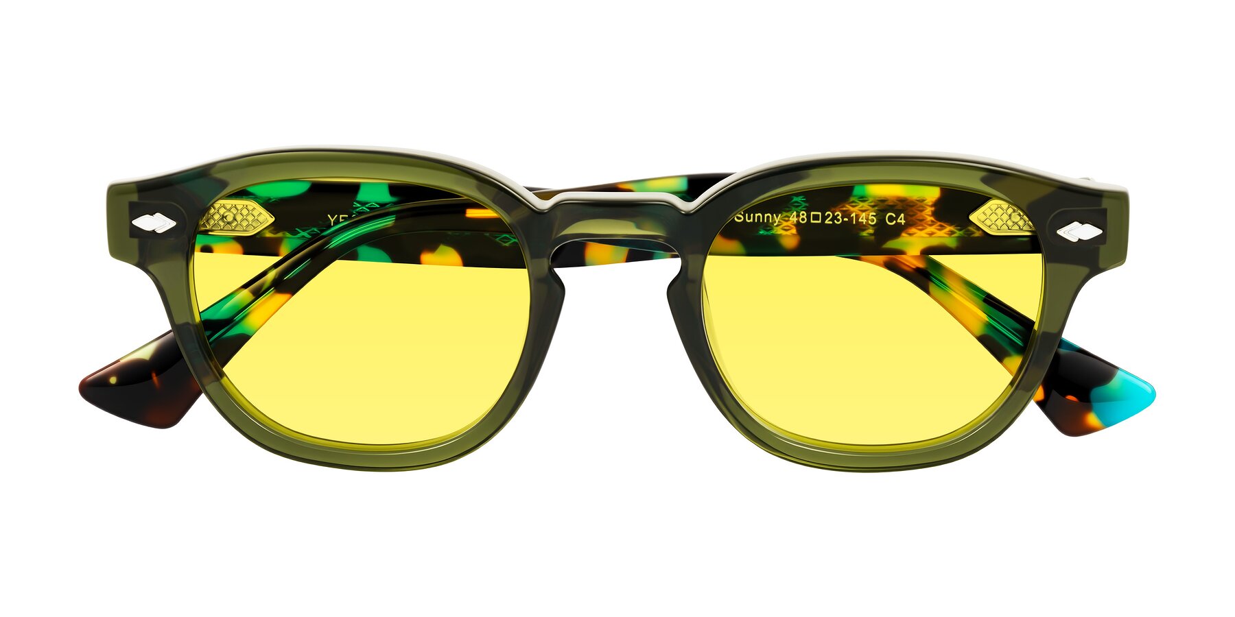 Folded Front of Sunny in Green with Medium Yellow Tinted Lenses