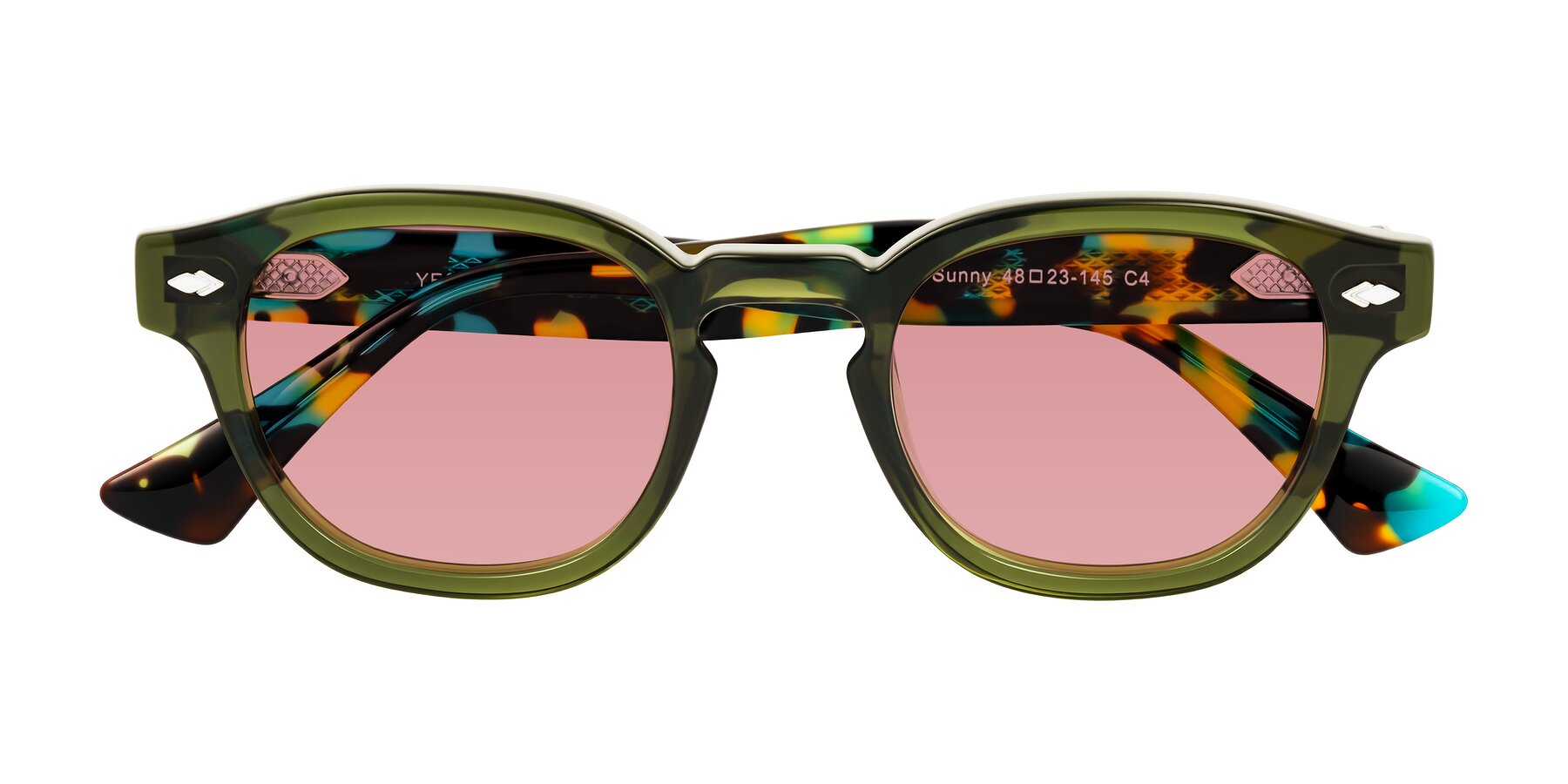 Folded Front of Sunny in Green with Medium Garnet Tinted Lenses