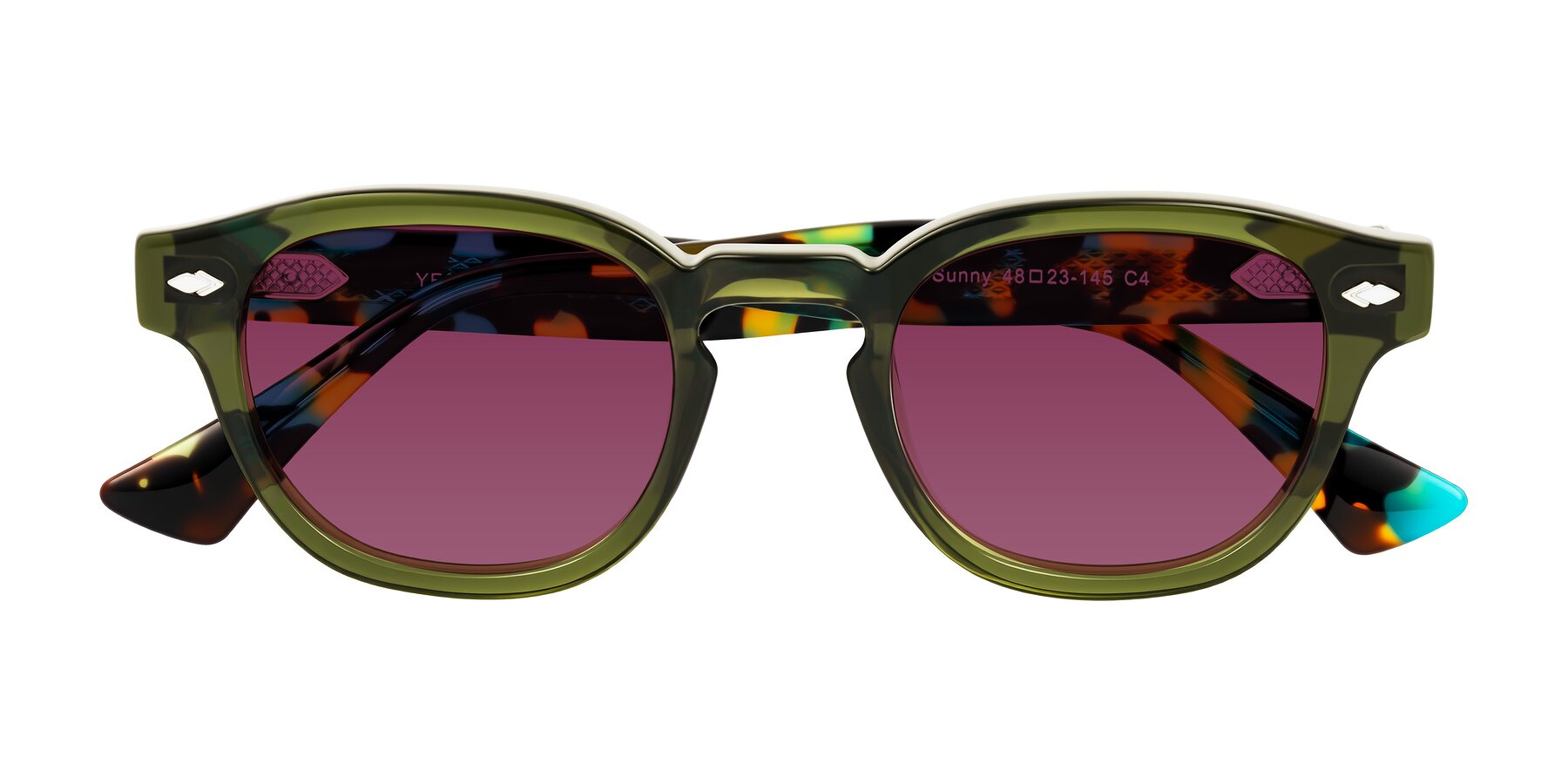 Folded Front of Sunny in Green with Wine Tinted Lenses