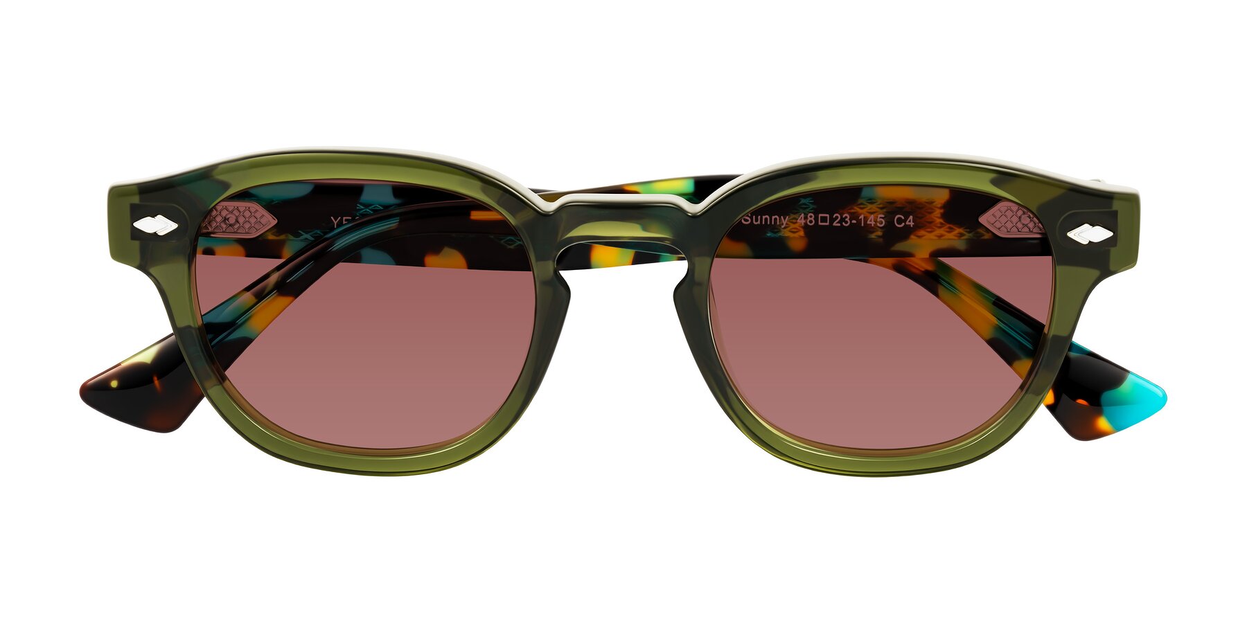 Folded Front of Sunny in Green with Garnet Tinted Lenses