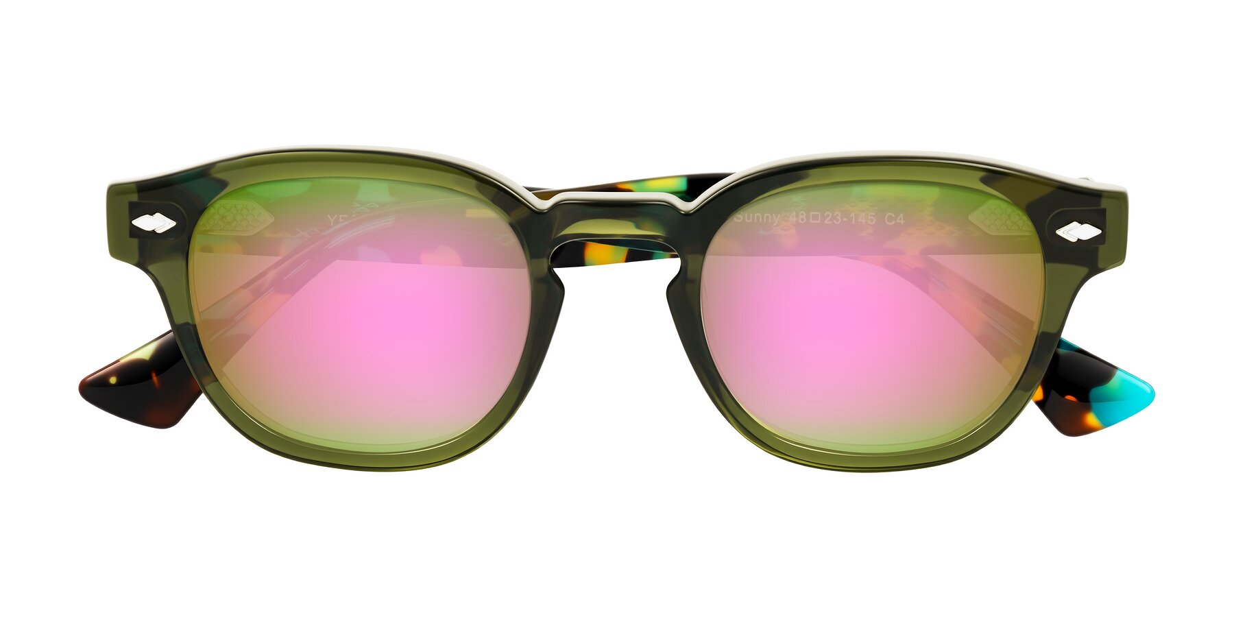 Folded Front of Sunny in Green with Pink Mirrored Lenses