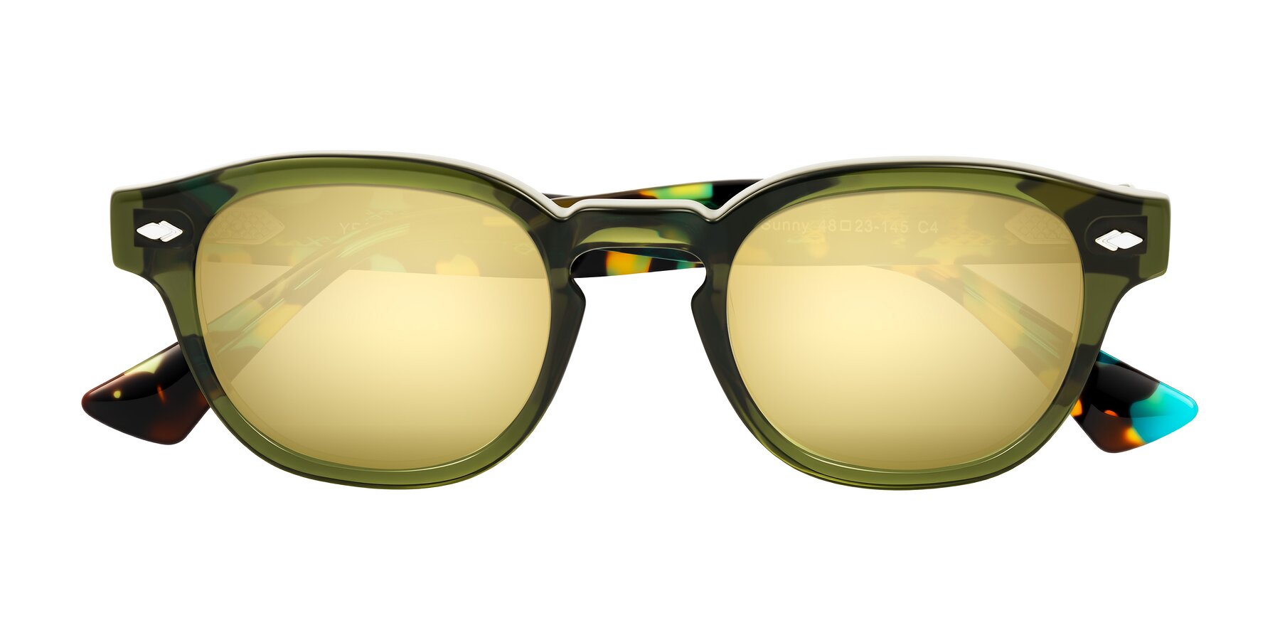 Folded Front of Sunny in Green with Gold Mirrored Lenses