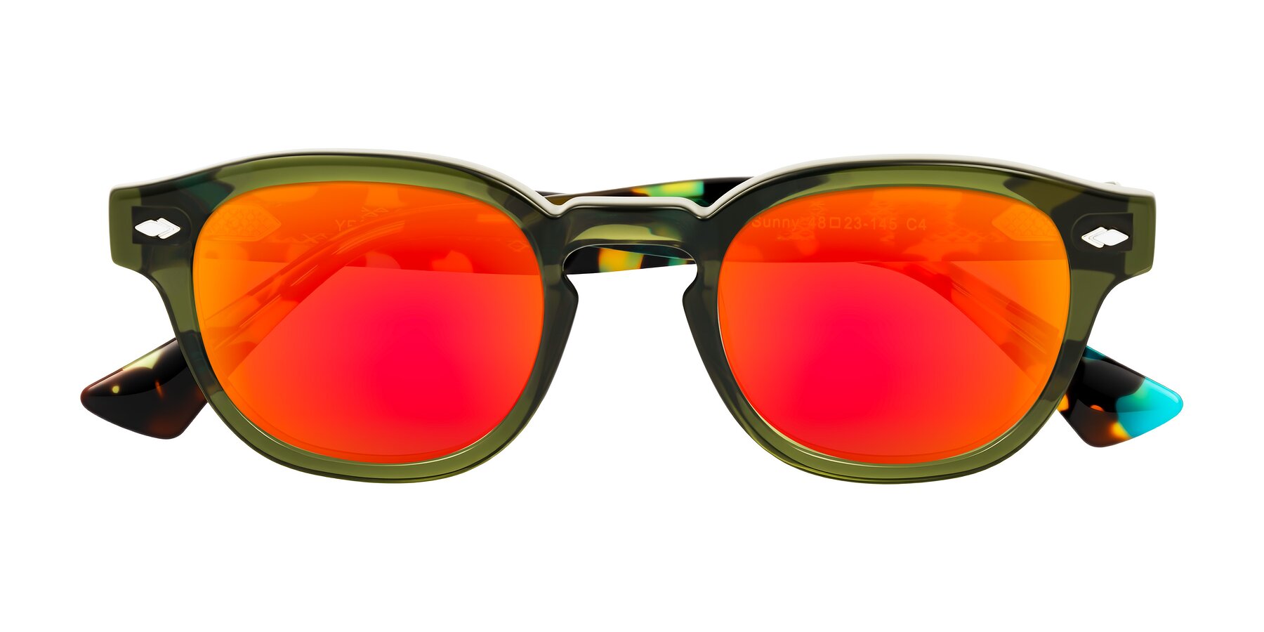 Folded Front of Sunny in Green with Red Gold Mirrored Lenses