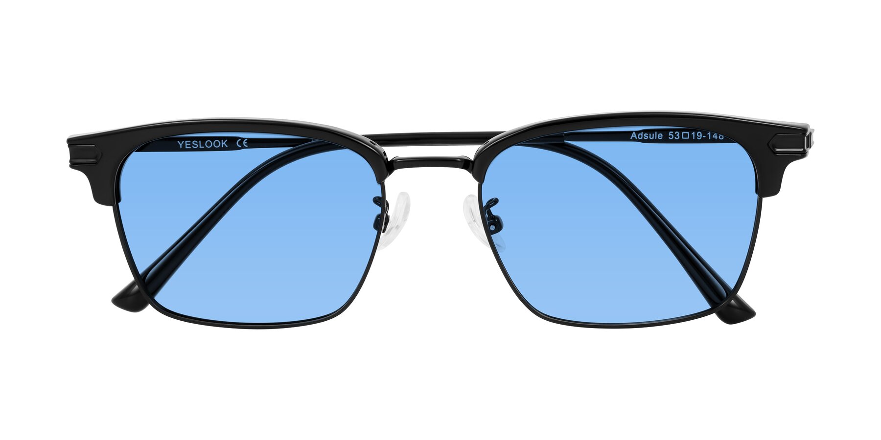 Folded Front of Adsule in Black with Medium Blue Tinted Lenses