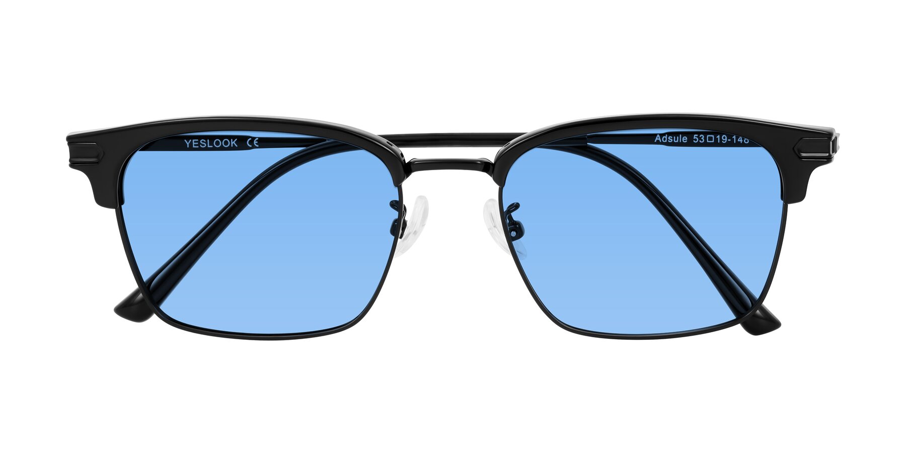 Folded Front of Adsule in Black with Medium Blue Tinted Lenses