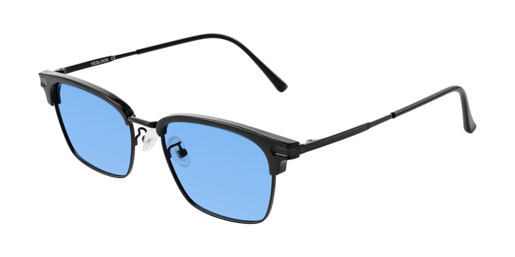 Angle of Adsule in Black with Medium Blue Tinted Lenses