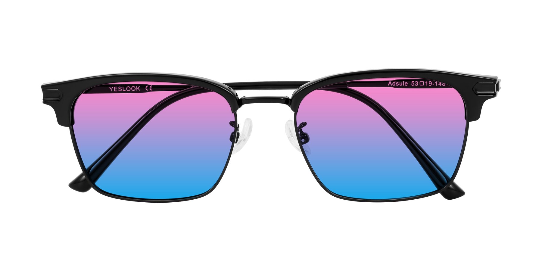 Folded Front of Adsule in Black with Pink / Blue Gradient Lenses