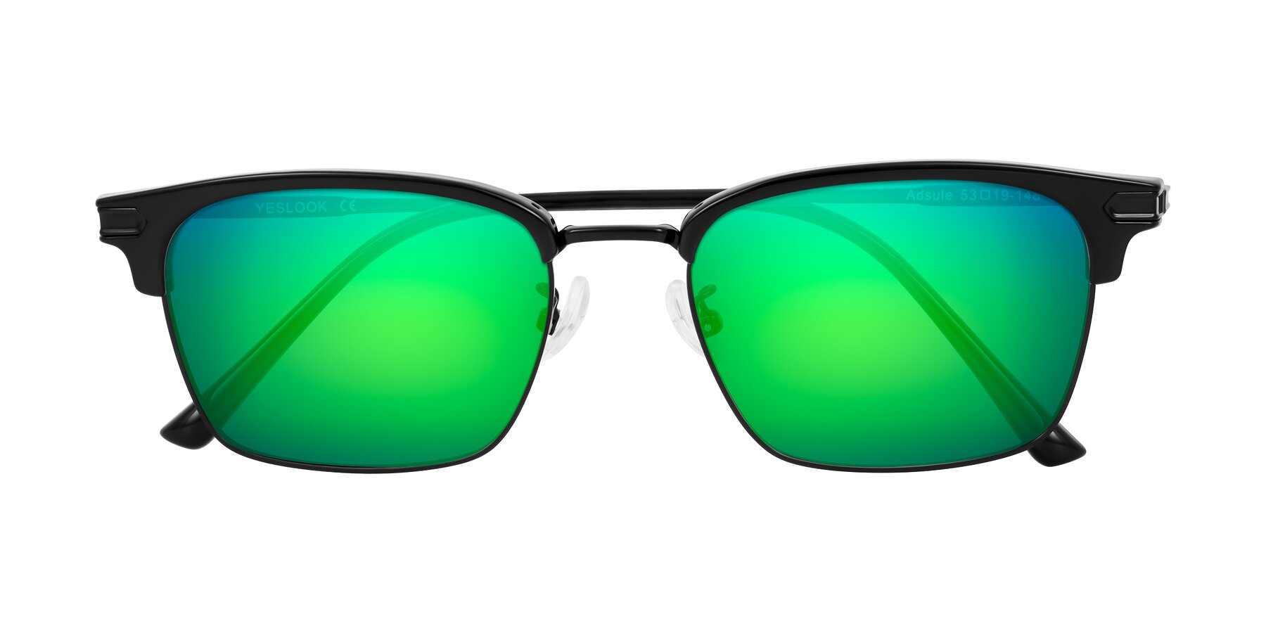 Folded Front of Adsule in Black with Green Mirrored Lenses