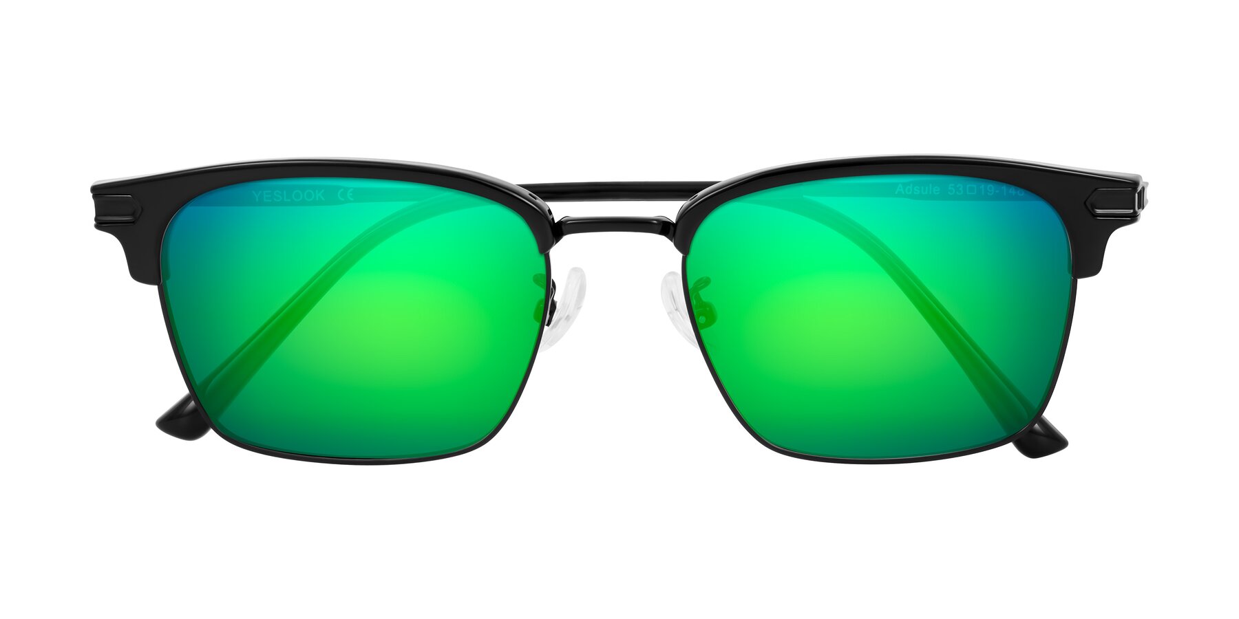Folded Front of Adsule in Black with Green Mirrored Lenses