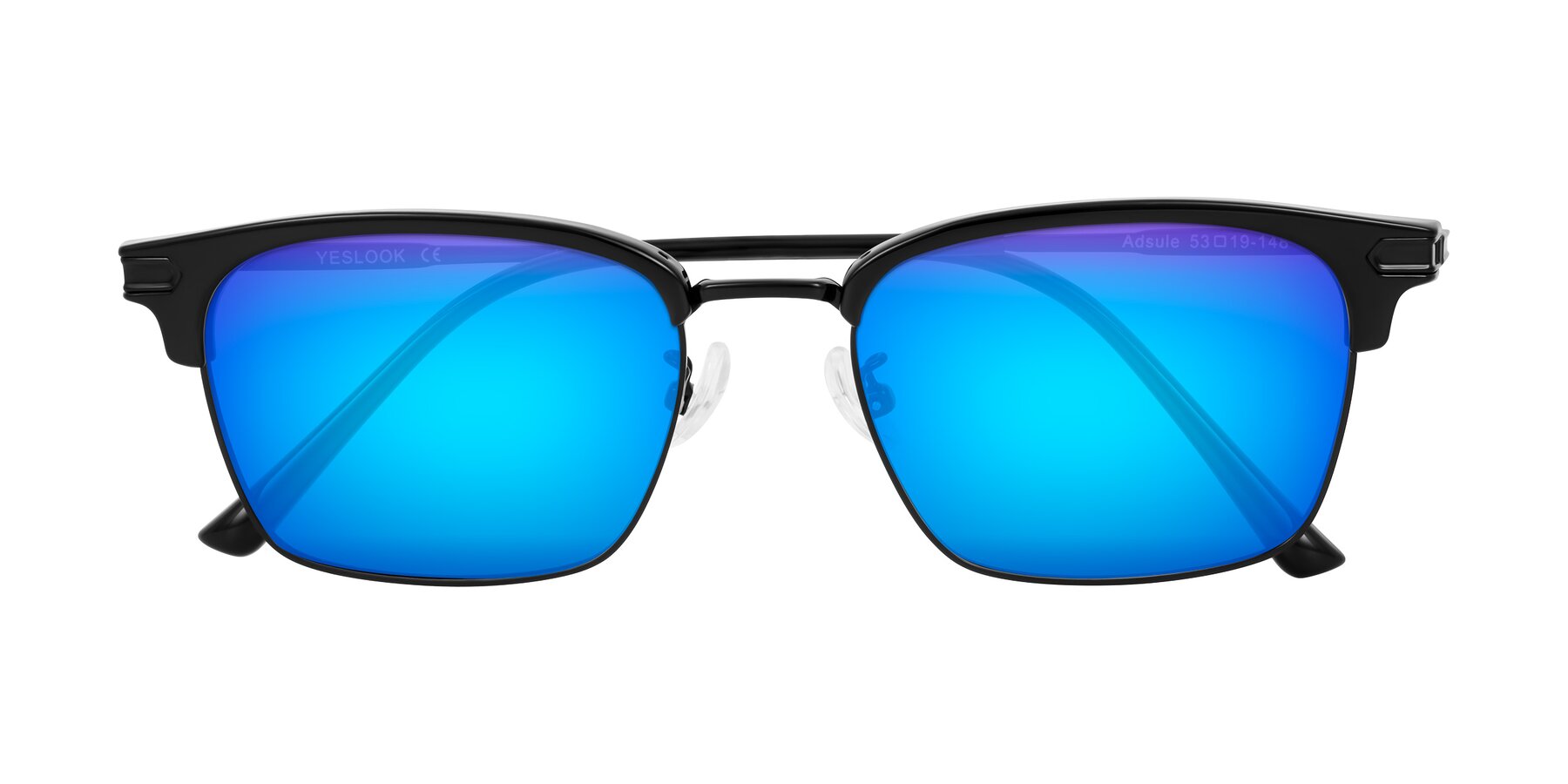 Folded Front of Adsule in Black with Blue Mirrored Lenses
