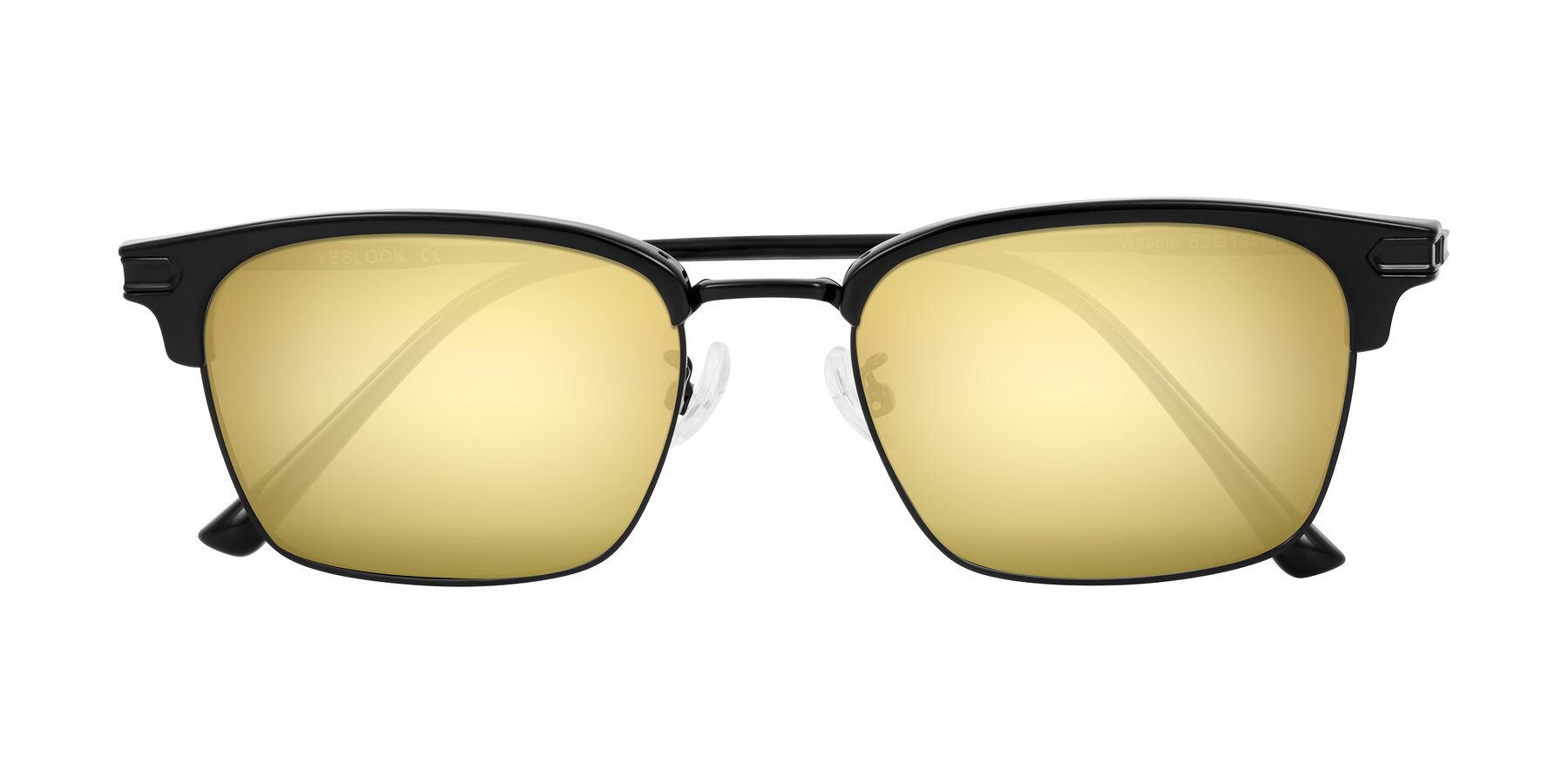 Folded Front of Adsule in Black with Gold Mirrored Lenses