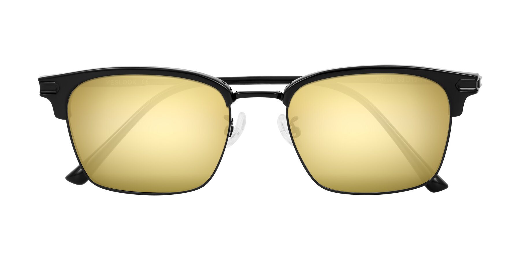 Folded Front of Adsule in Black with Gold Mirrored Lenses