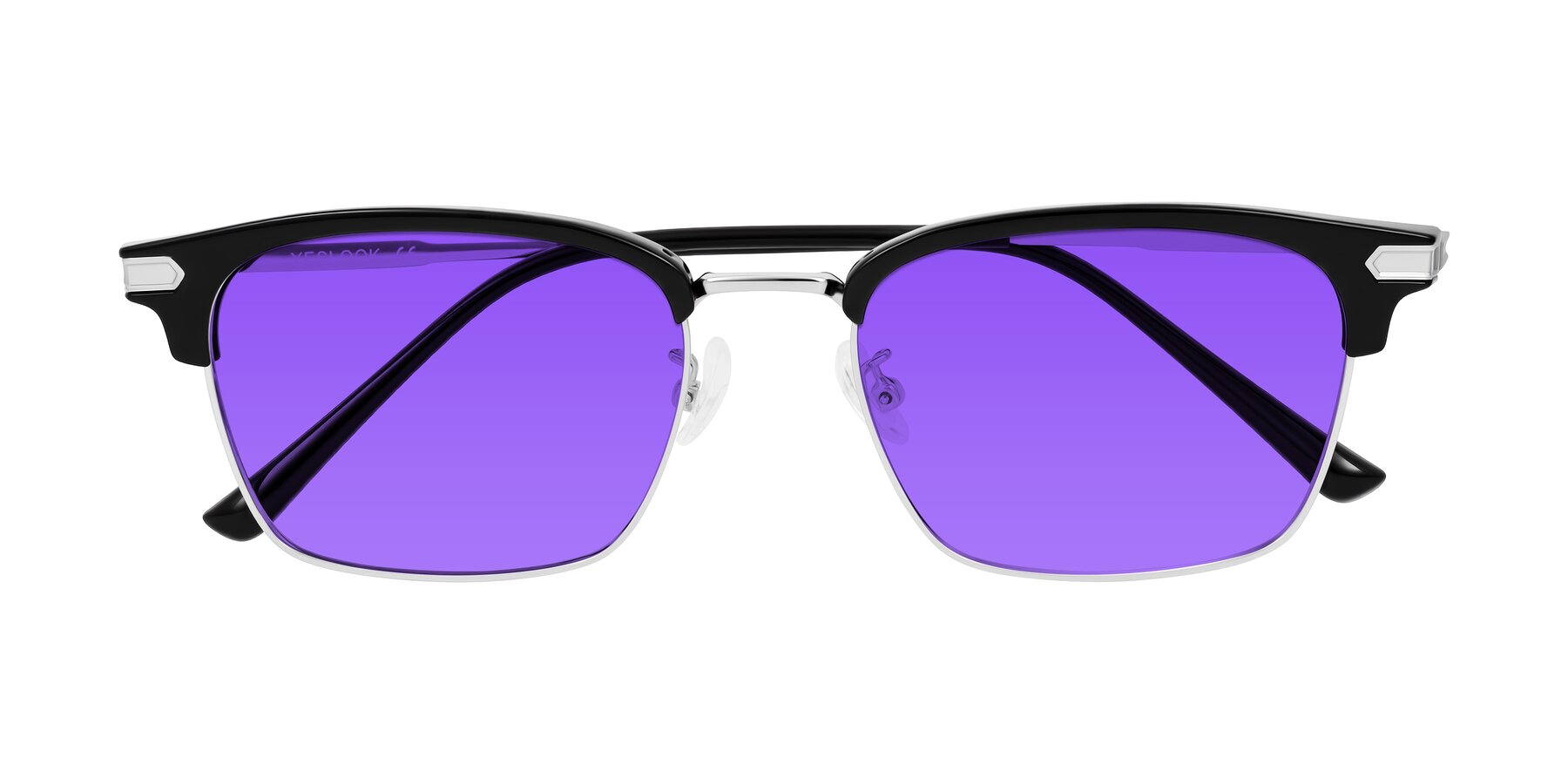 Folded Front of Adsule in Black/Silver with Purple Tinted Lenses