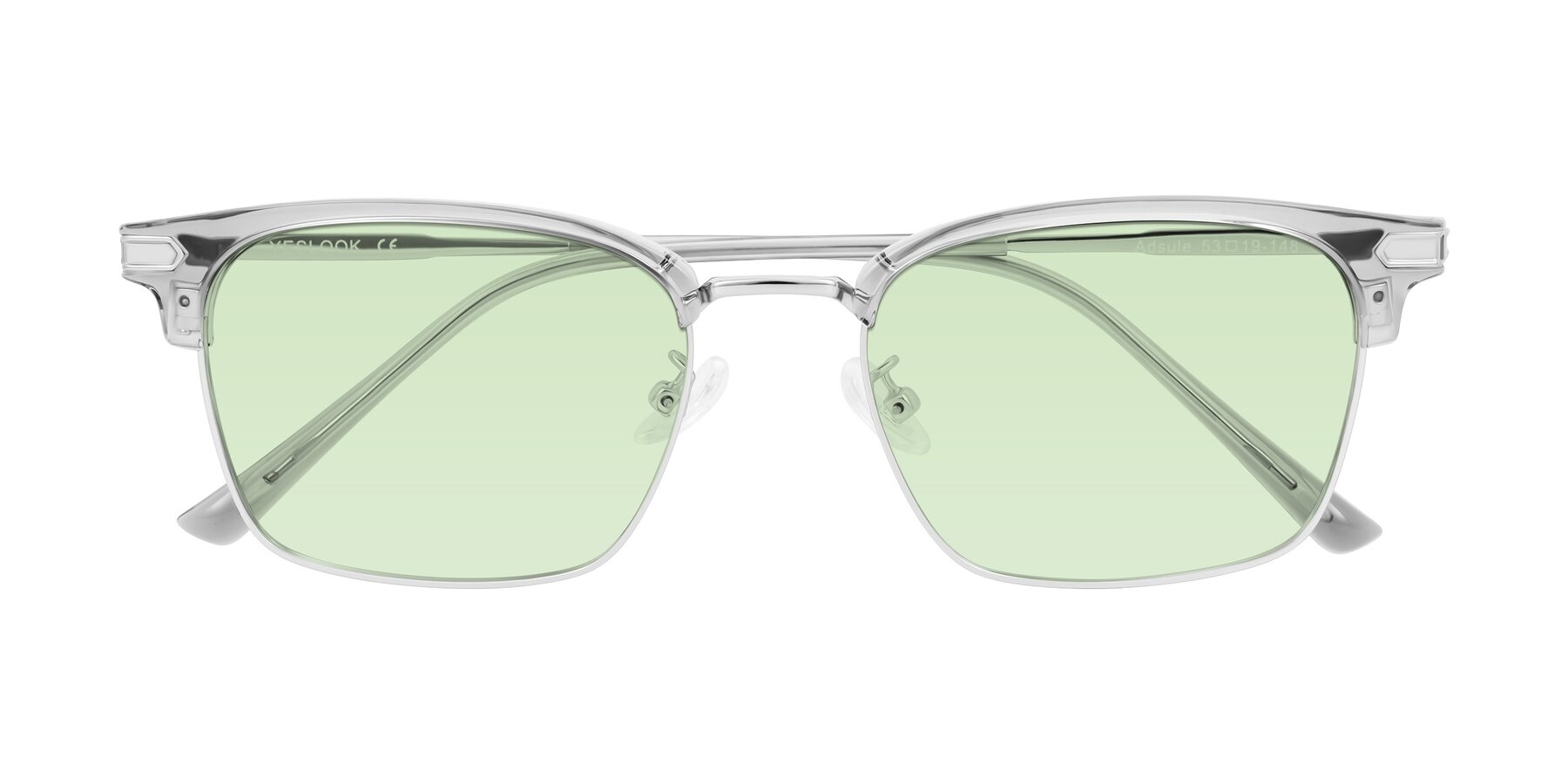 Folded Front of Adsule in Clear Gray/Silver with Light Green Tinted Lenses