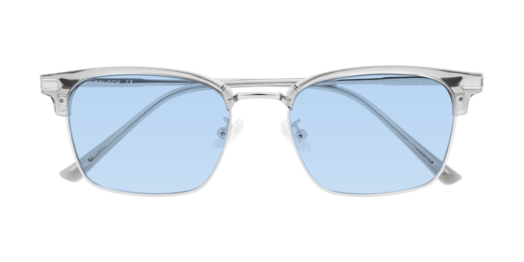 Folded Front of Adsule in Clear Gray/Silver with Light Blue Tinted Lenses