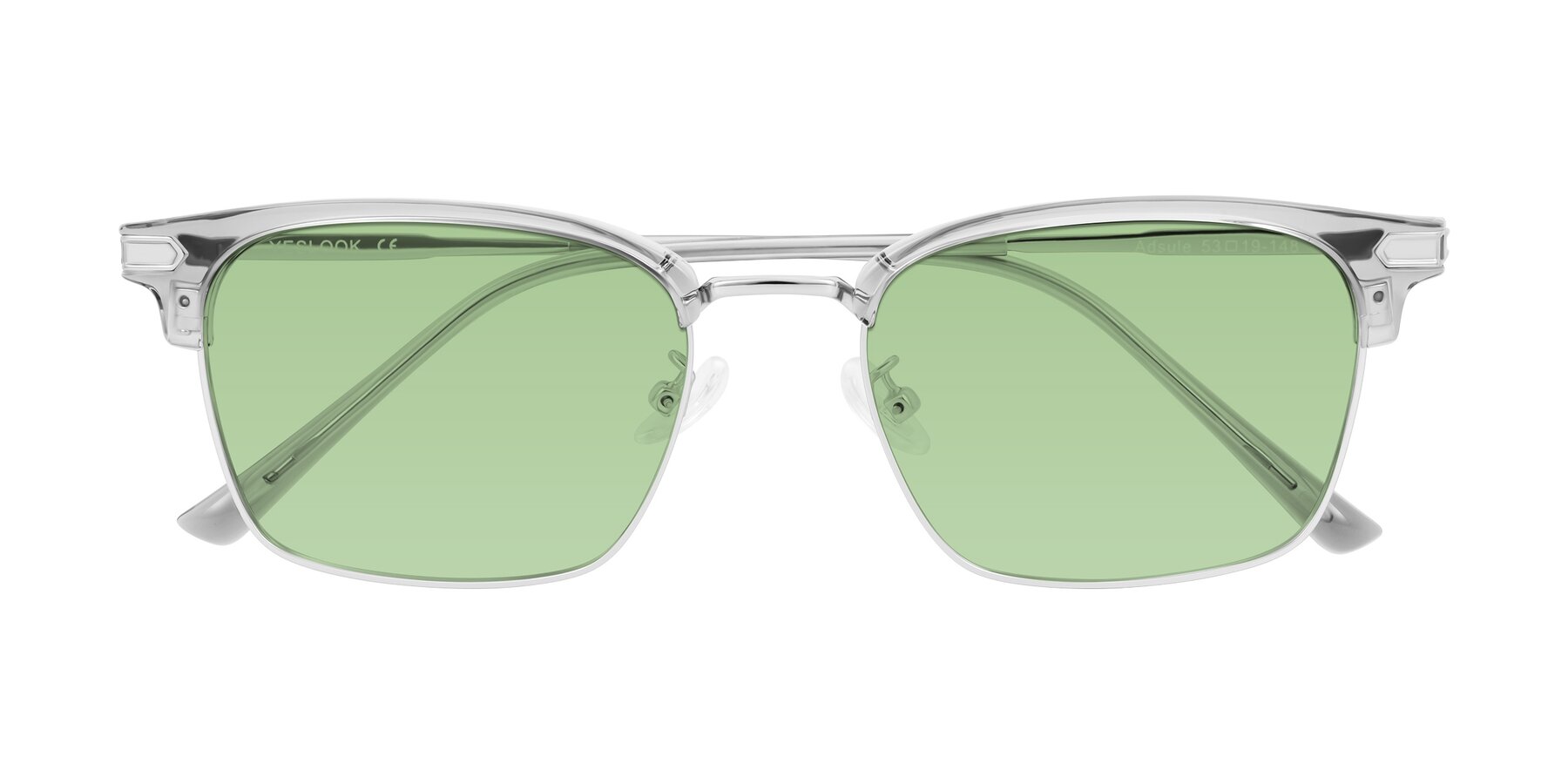 Folded Front of Adsule in Clear Gray/Silver with Medium Green Tinted Lenses