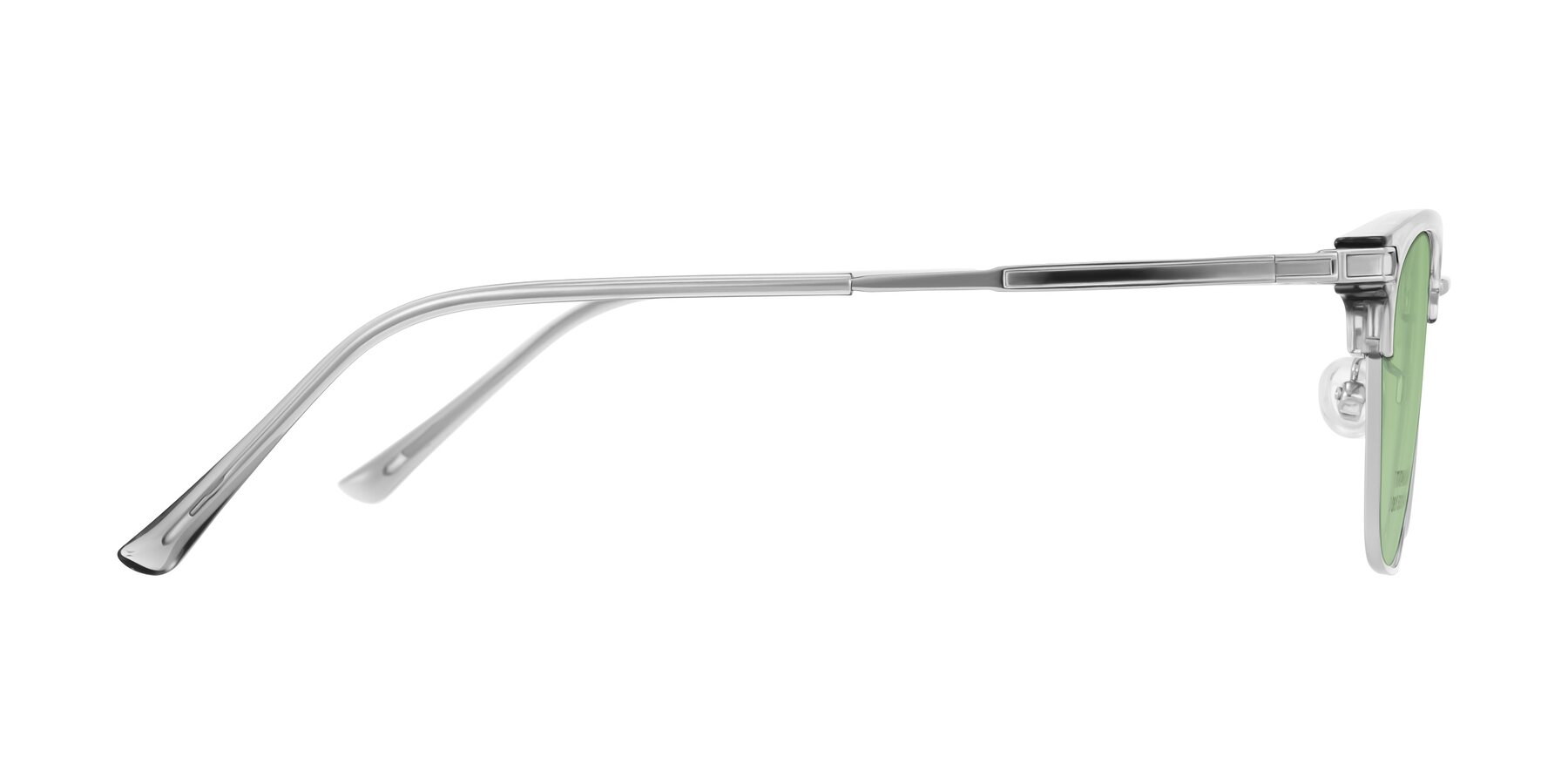 Side of Adsule in Clear Gray/Silver with Medium Green Tinted Lenses
