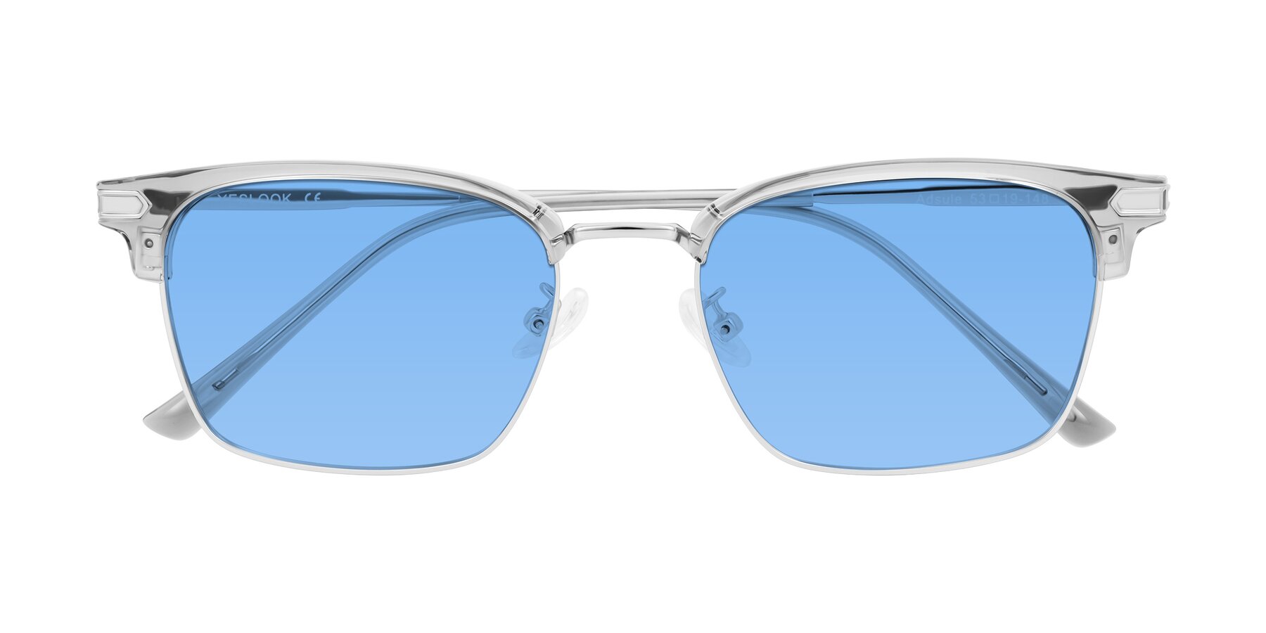Folded Front of Adsule in Clear Gray/Silver with Medium Blue Tinted Lenses