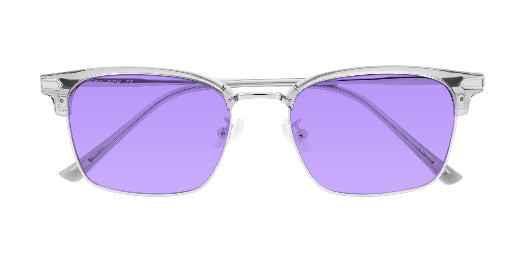Folded Front of Adsule in Clear Gray/Silver with Medium Purple Tinted Lenses