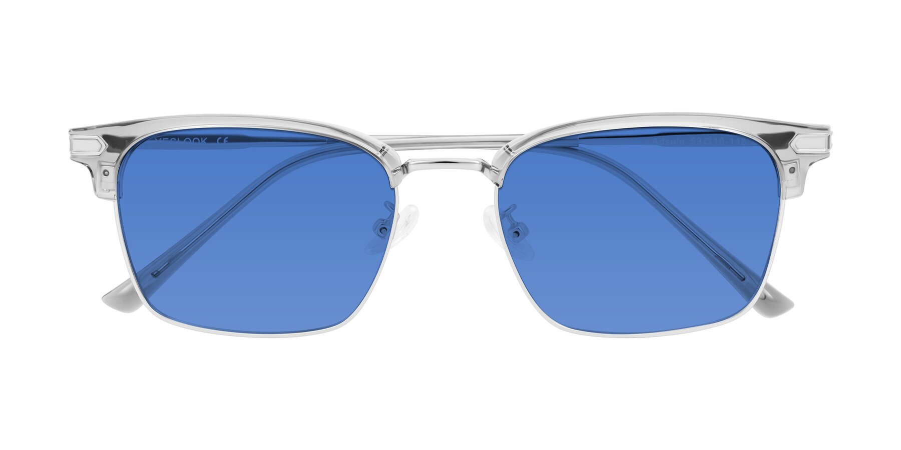 Folded Front of Adsule in Clear Gray/Silver with Blue Tinted Lenses