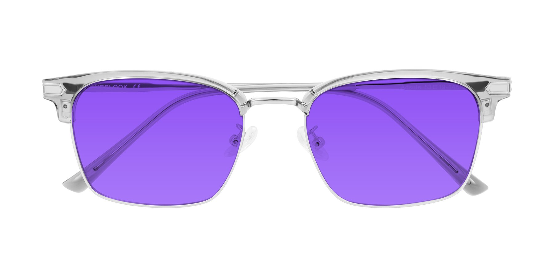 Folded Front of Adsule in Clear Gray/Silver with Purple Tinted Lenses