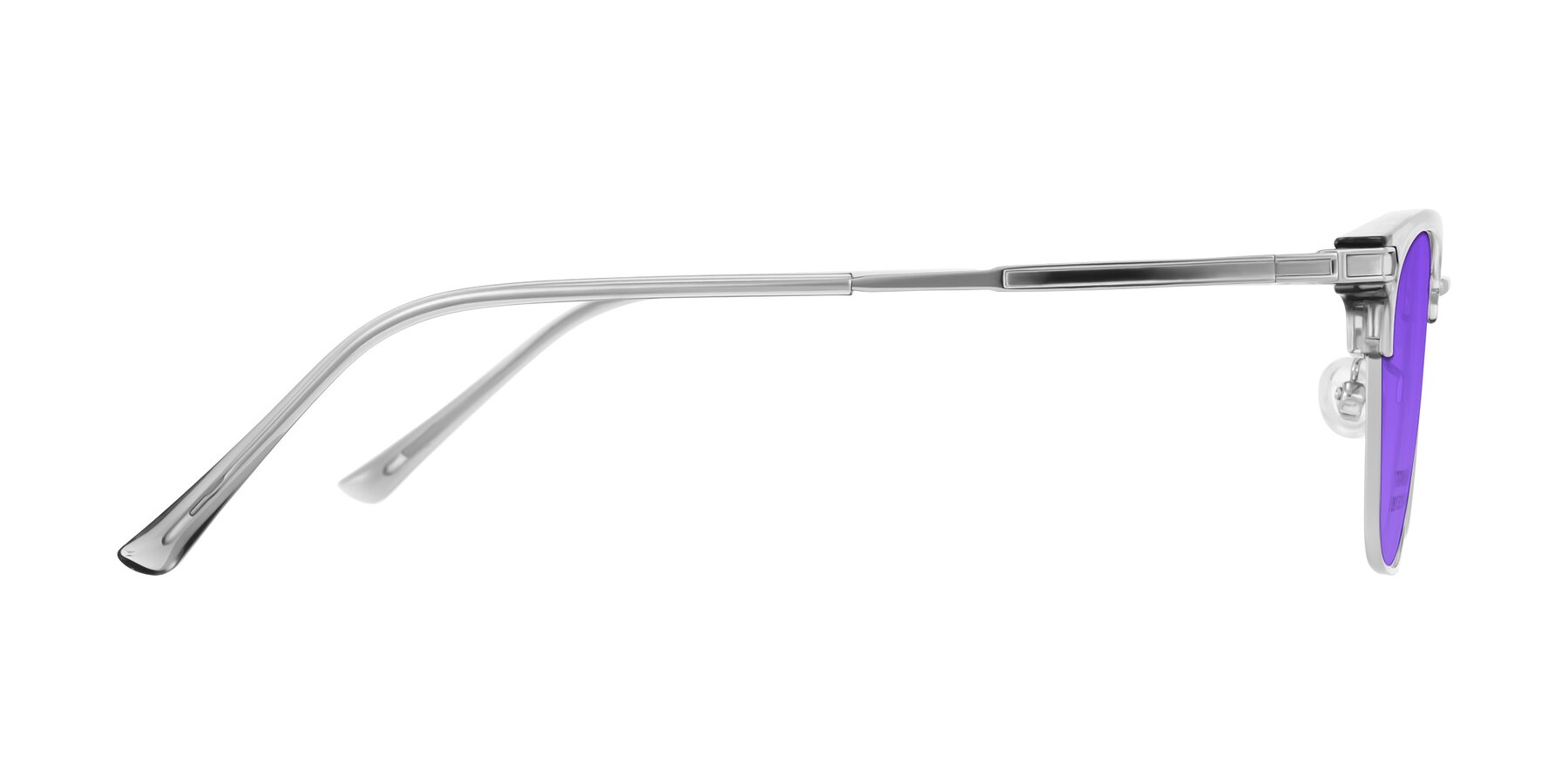 Side of Adsule in Clear Gray/Silver with Purple Tinted Lenses
