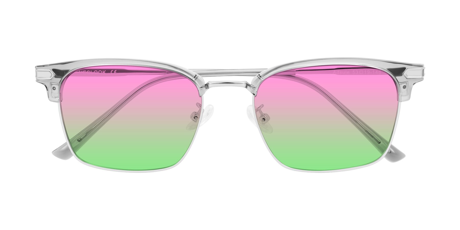Folded Front of Adsule in Clear Gray/Silver with Pink / Green Gradient Lenses