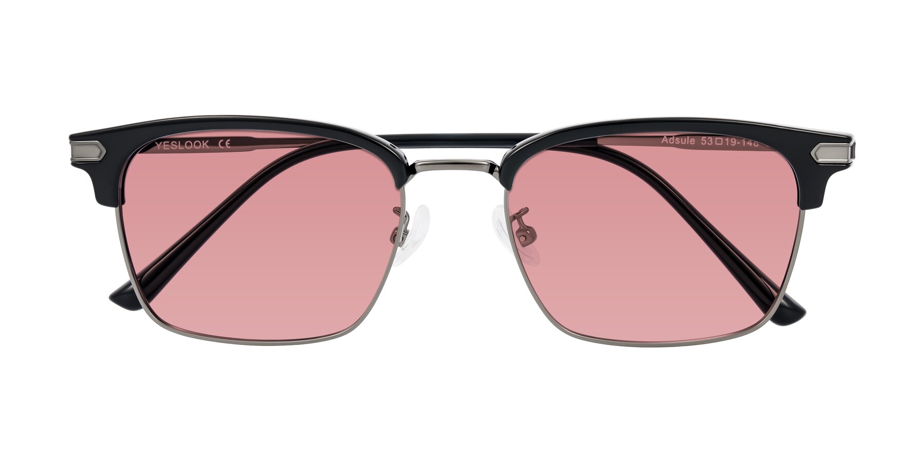 Folded Front of Adsule in Black/Gunmetal with Medium Garnet Tinted Lenses