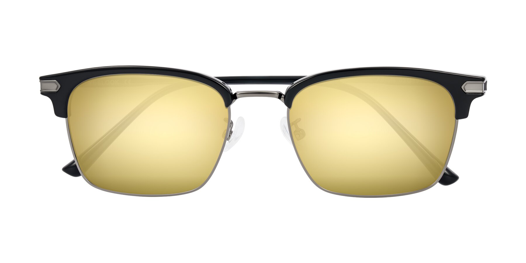 Folded Front of Adsule in Black/Gunmetal with Gold Mirrored Lenses