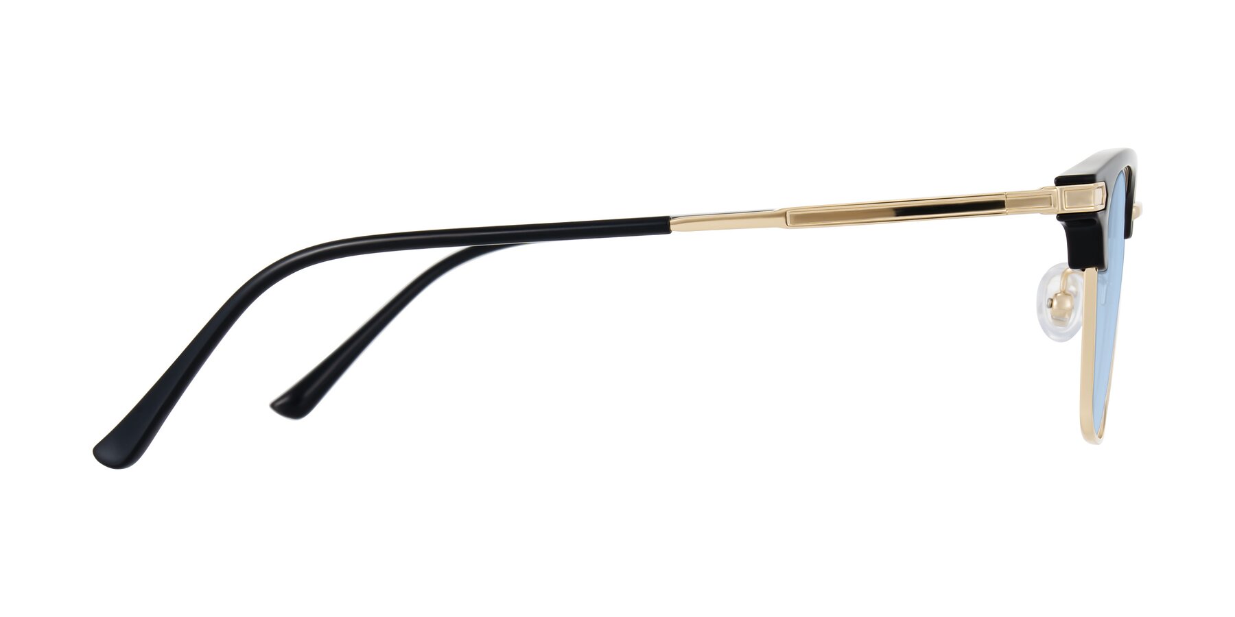 Side of Adsule in Black/Gold with Light Blue Tinted Lenses
