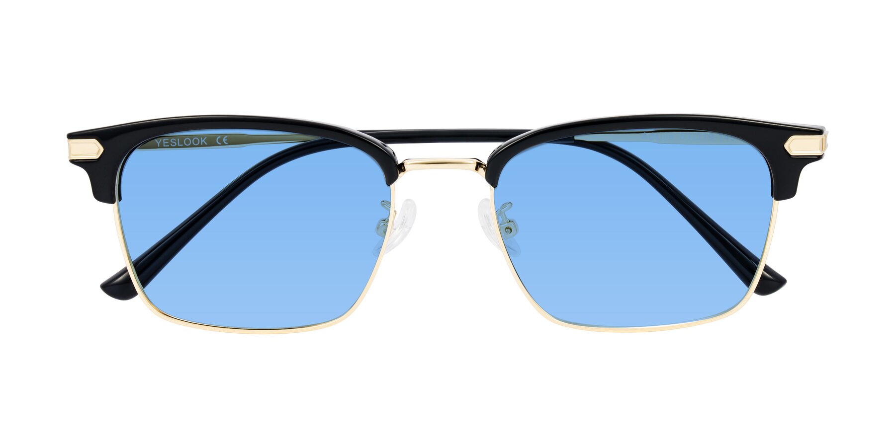 Folded Front of Adsule in Black/Gold with Medium Blue Tinted Lenses