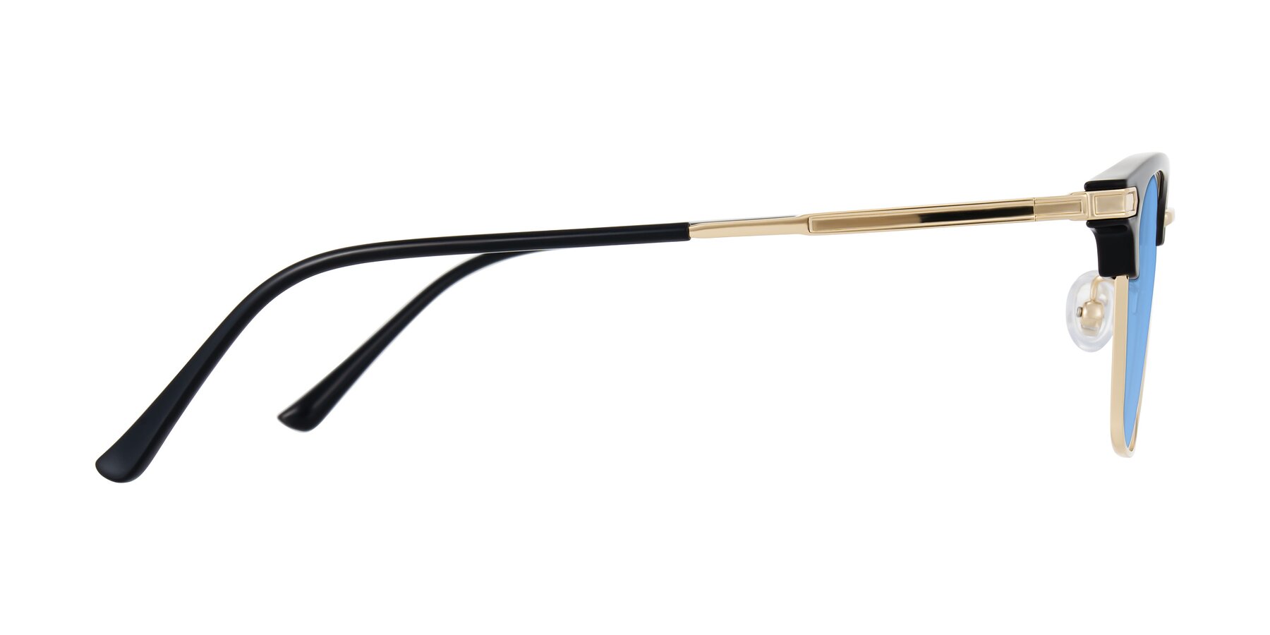 Side of Adsule in Black/Gold with Medium Blue Tinted Lenses
