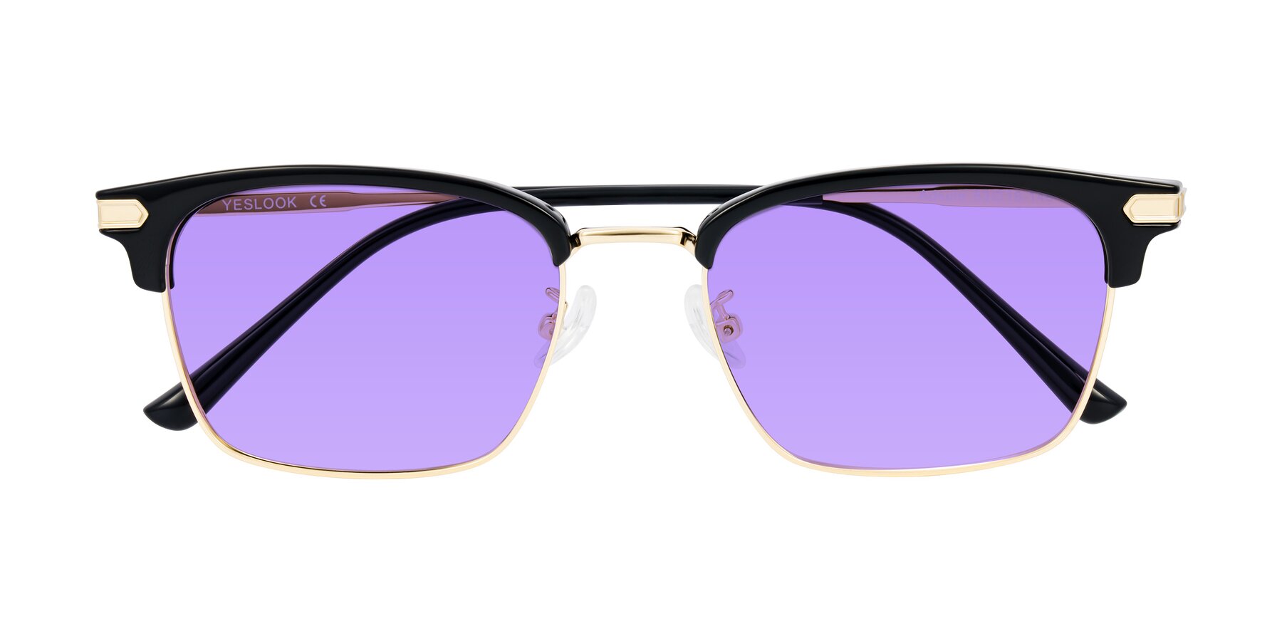 Folded Front of Adsule in Black/Gold with Medium Purple Tinted Lenses