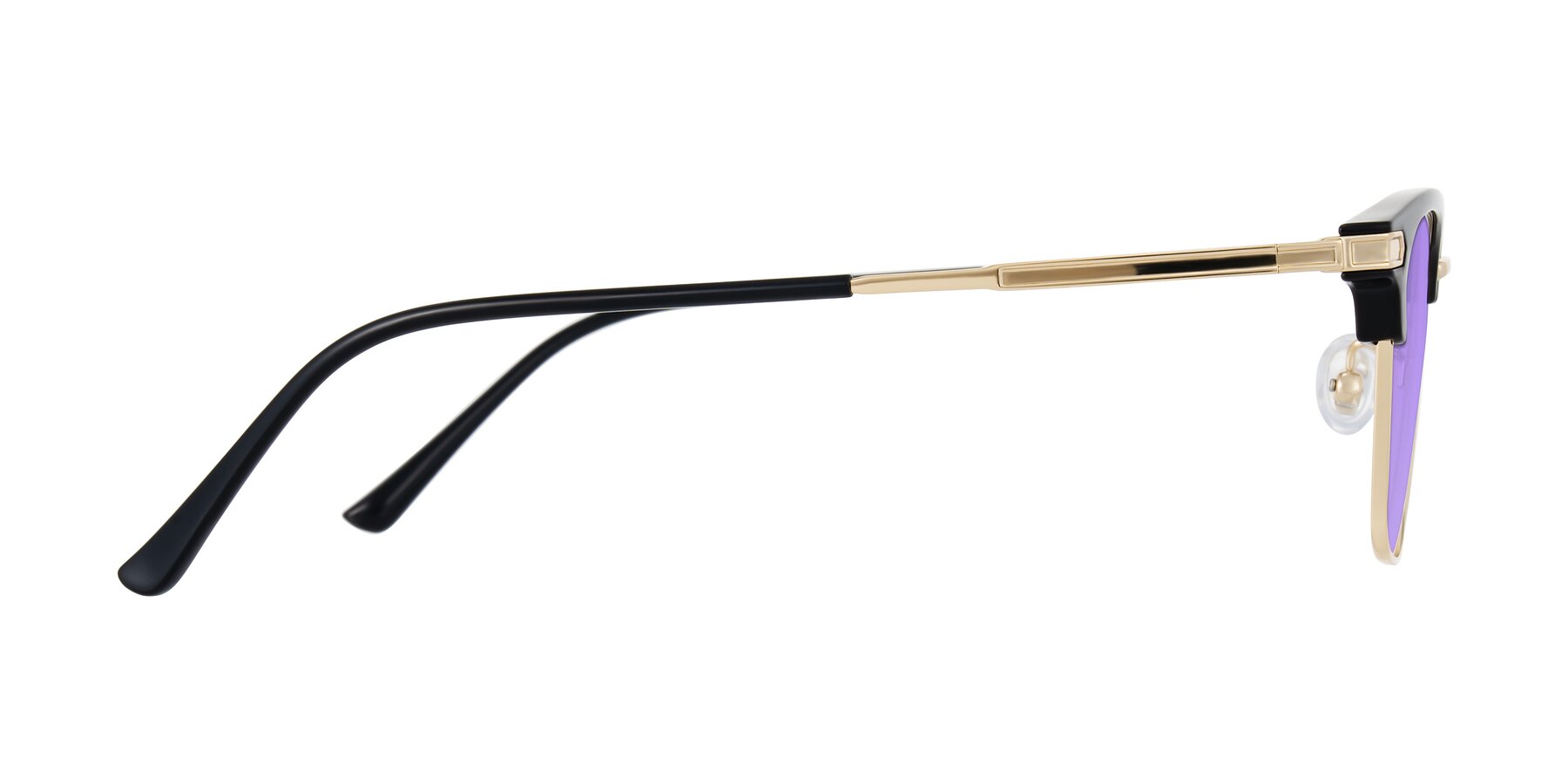 Side of Adsule in Black/Gold with Medium Purple Tinted Lenses
