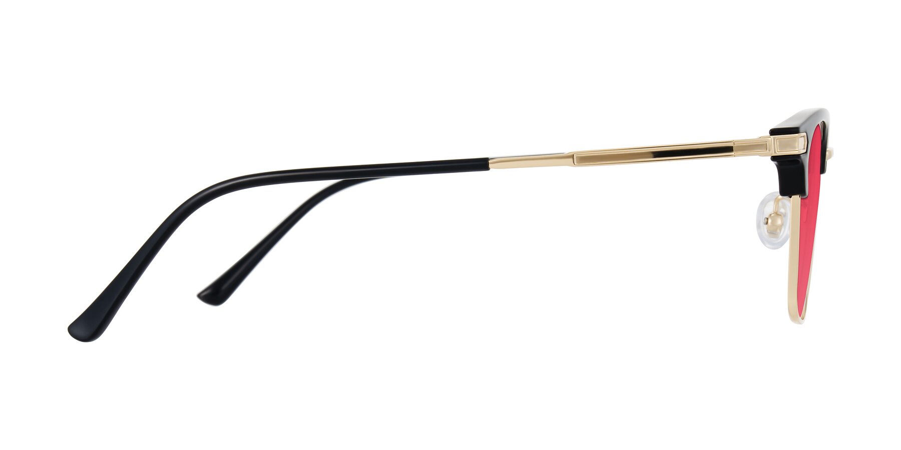 Side of Adsule in Black/Gold with Red Tinted Lenses