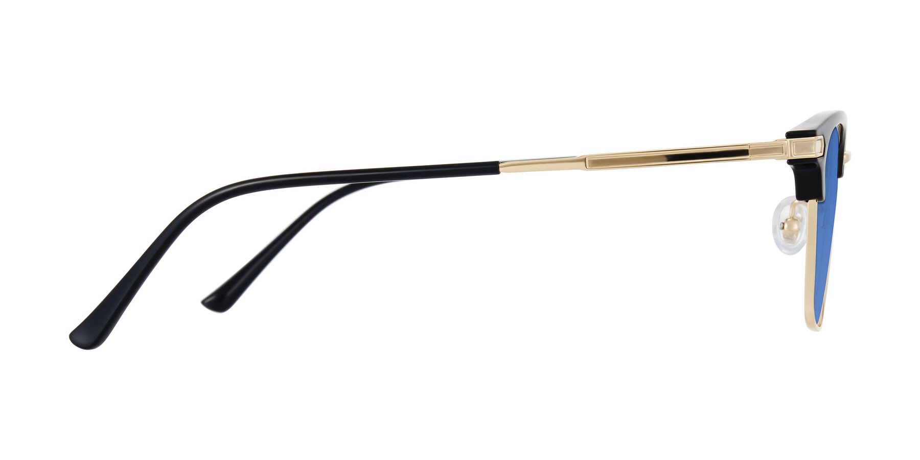 Side of Adsule in Black/Gold with Blue Tinted Lenses