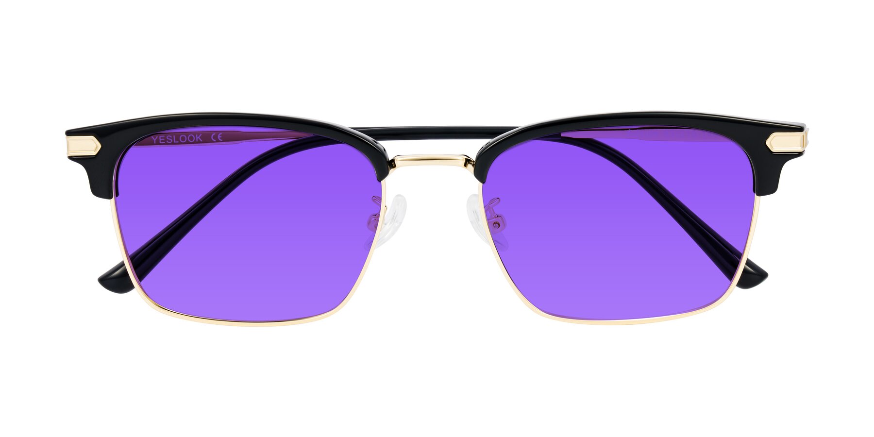 Folded Front of Adsule in Black/Gold with Purple Tinted Lenses