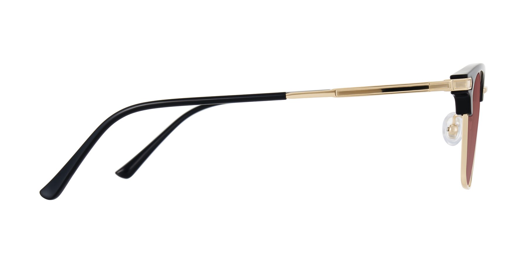 Side of Adsule in Black/Gold with Garnet Tinted Lenses