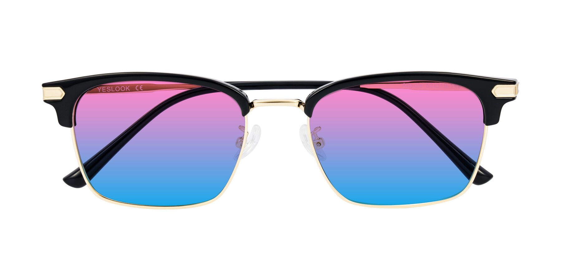 Folded Front of Adsule in Black/Gold with Pink / Blue Gradient Lenses