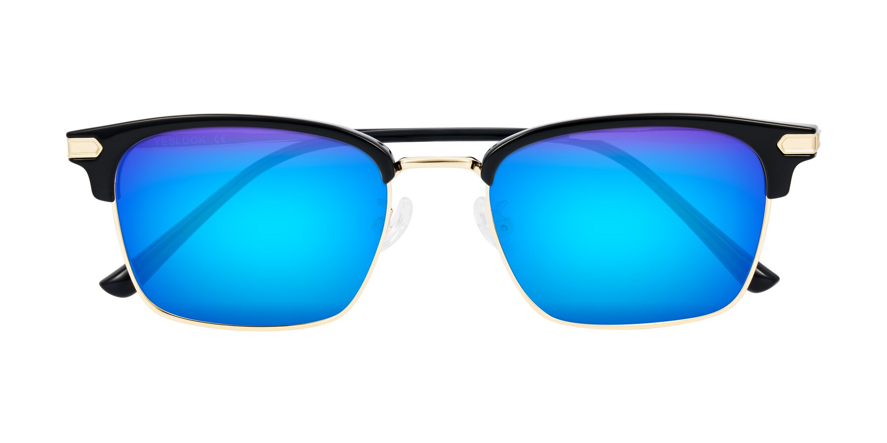 Folded Front of Adsule in Black/Gold with Blue Mirrored Lenses