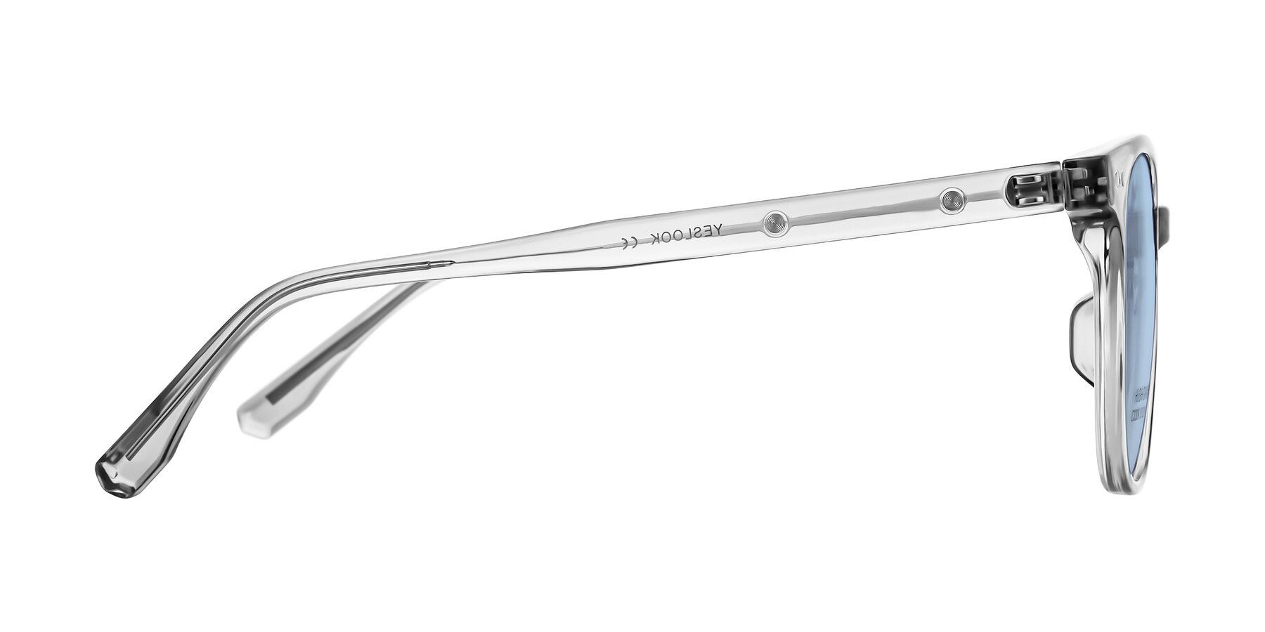 Side of Lozzuri in Transparent Gray with Light Blue Tinted Lenses