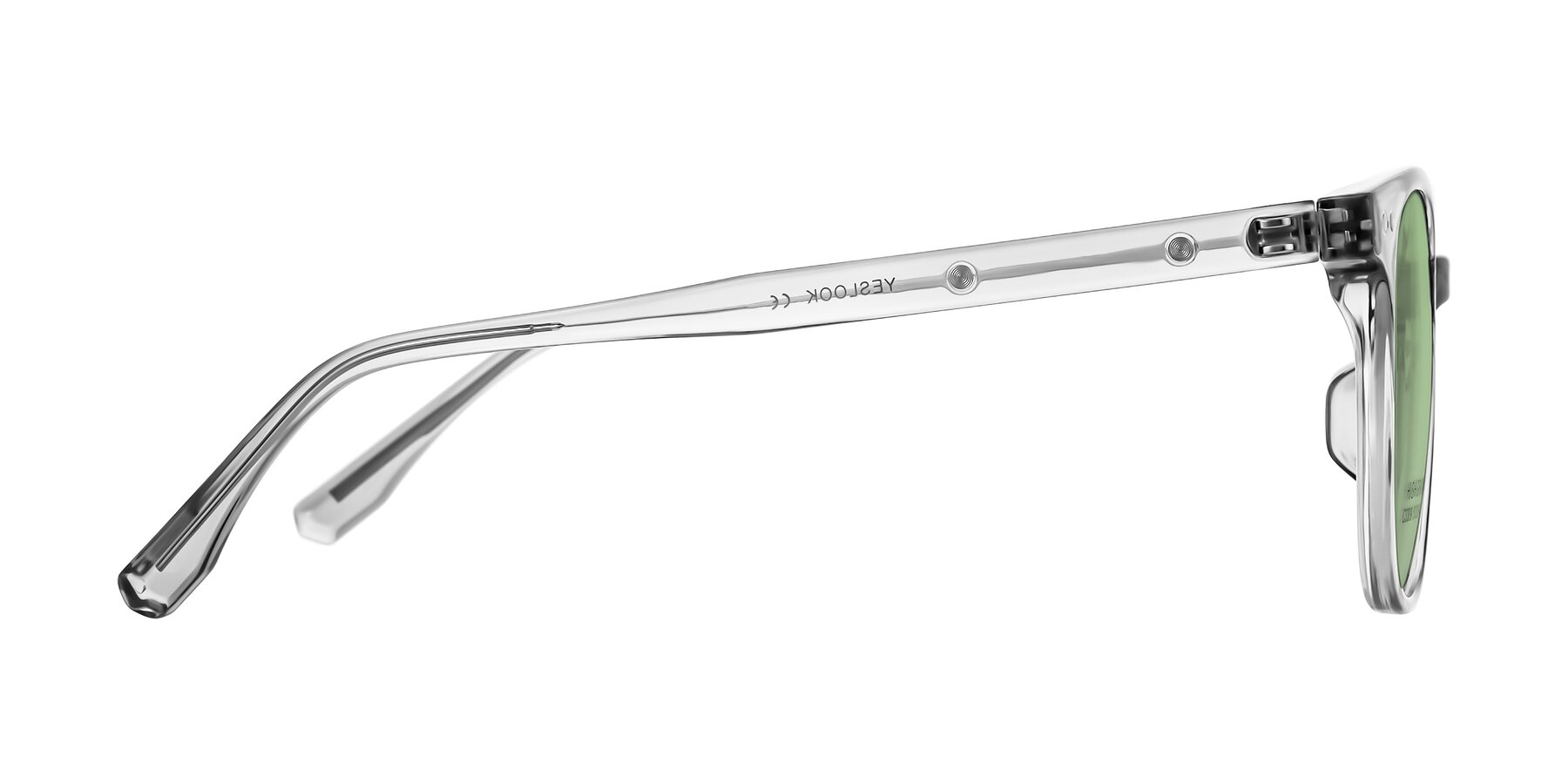 Side of Lozzuri in Transparent Gray with Medium Green Tinted Lenses