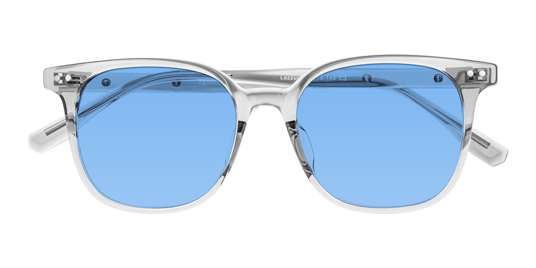 Folded Front of Lozzuri in Transparent Gray with Medium Blue Tinted Lenses