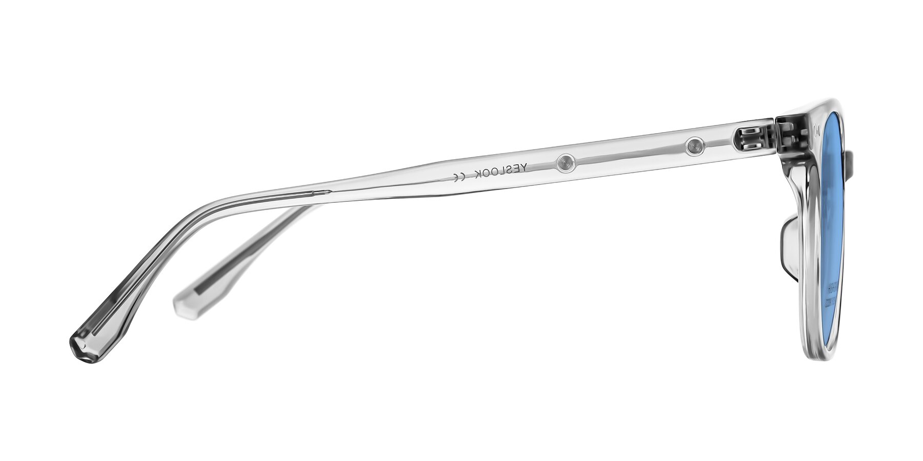 Side of Lozzuri in Transparent Gray with Medium Blue Tinted Lenses