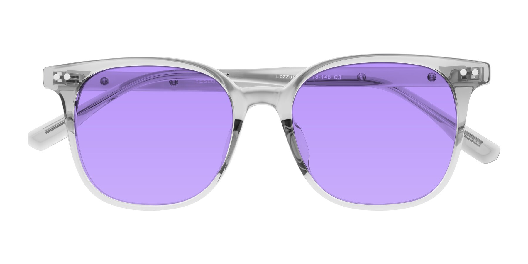 Folded Front of Lozzuri in Transparent Gray with Medium Purple Tinted Lenses