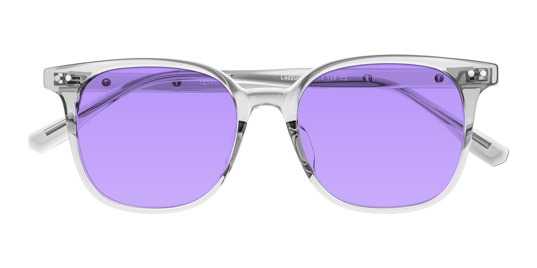 Folded Front of Lozzuri in Transparent Gray with Medium Purple Tinted Lenses