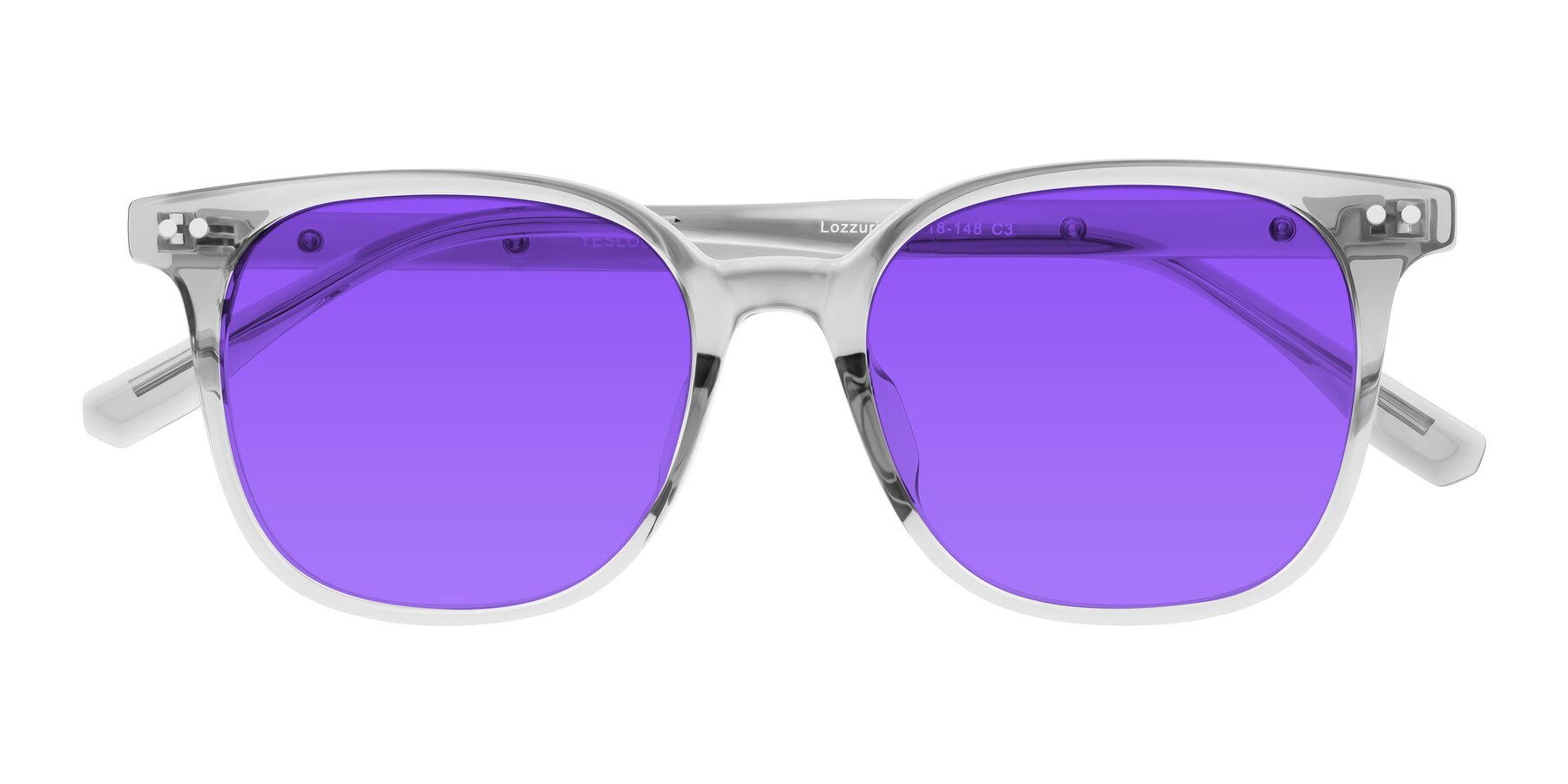 Folded Front of Lozzuri in Transparent Gray with Purple Tinted Lenses