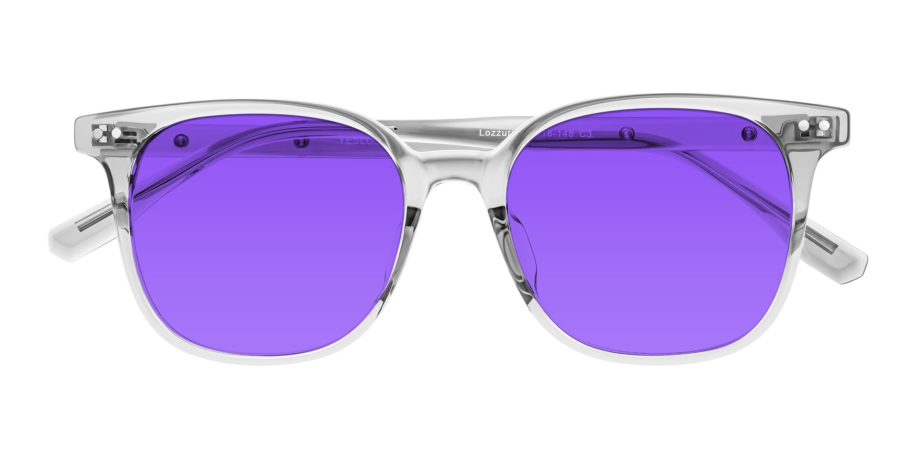 Folded Front of Lozzuri in Transparent Gray with Purple Tinted Lenses