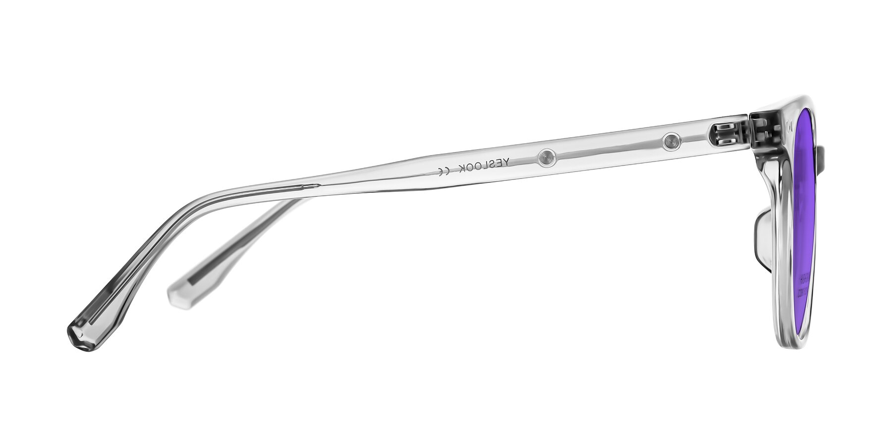 Side of Lozzuri in Transparent Gray with Purple Tinted Lenses